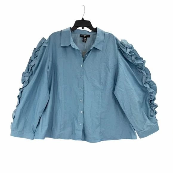 Ashley Stewart Blue Ruffle Sleeve Button Front Blouse Size 22/24 Plus NWT New - Picture 2 of 12